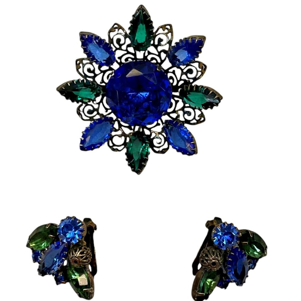 VTG Blue Green Rhinestone Filigree Gold Tone Brooch Earring Set D&E Juliana Hobe